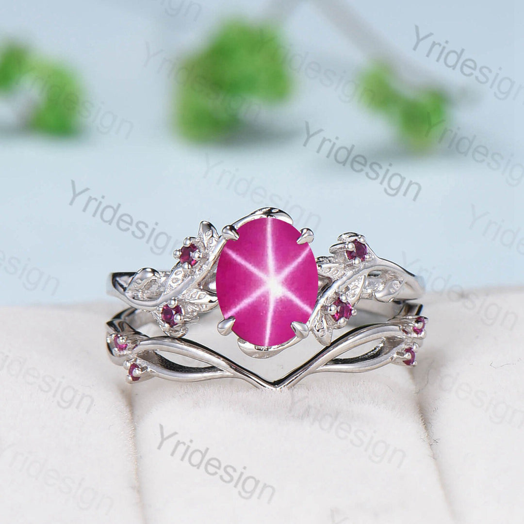 Natural Inspired Leaf pink star sapphire ring set cluster sapphire galaxy engagement ring women unique twig ruby wedding ring set for her - PENFINE