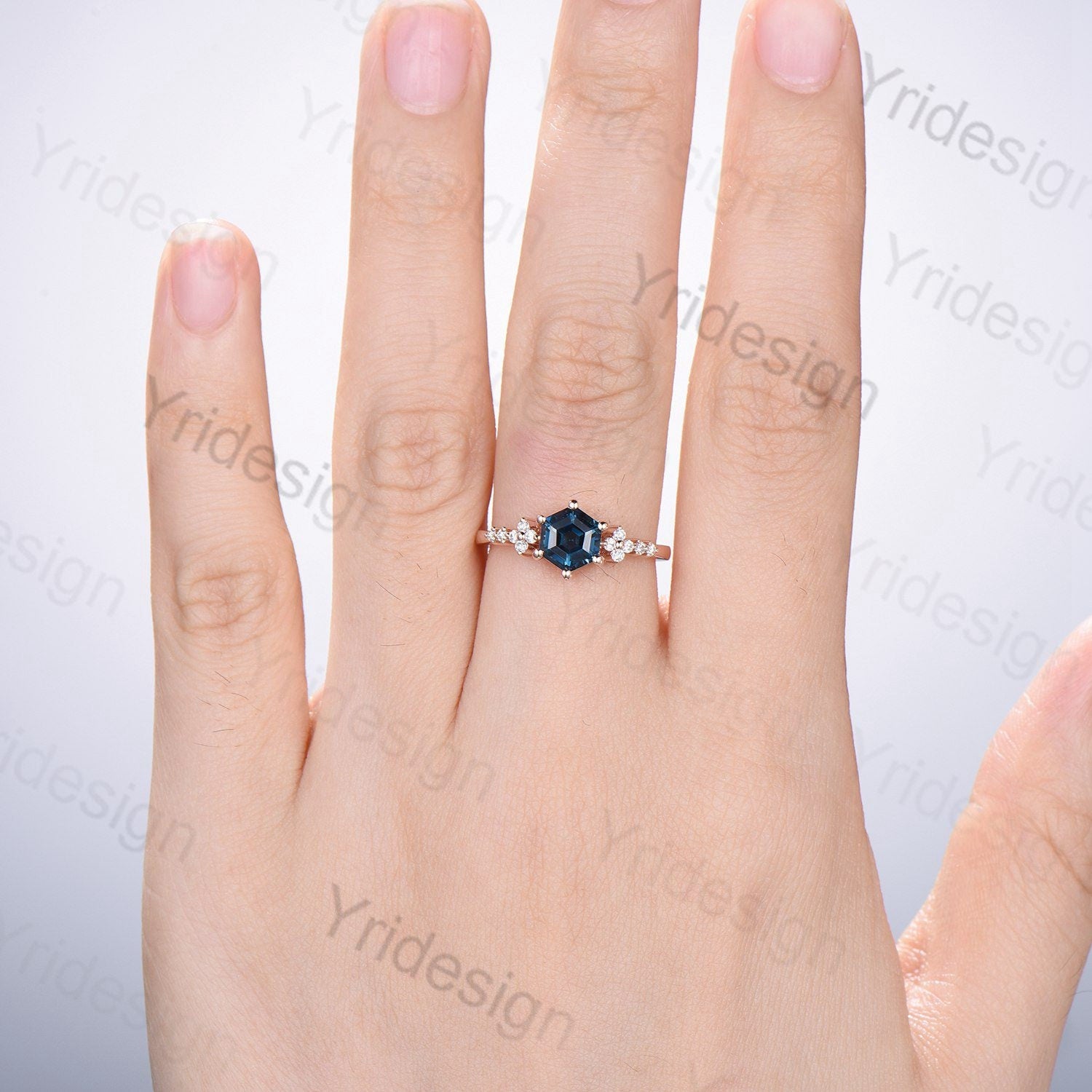 Handmade Hexagon Black Opal Ring, Flower Moissanite, 14K Rose Gold - PENFINE