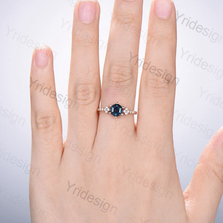 Handmade Hexagon Black Opal Ring, Flower Moissanite, 14K Rose Gold - PENFINE