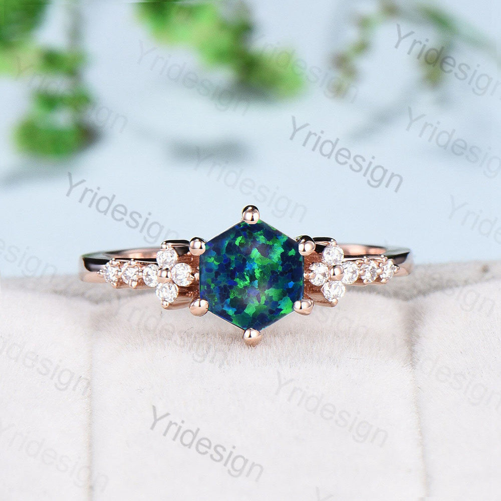Handmade Hexagon Black Opal Ring, Flower Moissanite, 14K Rose Gold - PENFINE
