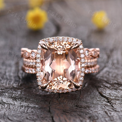 Art Deco 14K Rose Gold Morganite Engagement Ring Set: Diamond Wedding Band