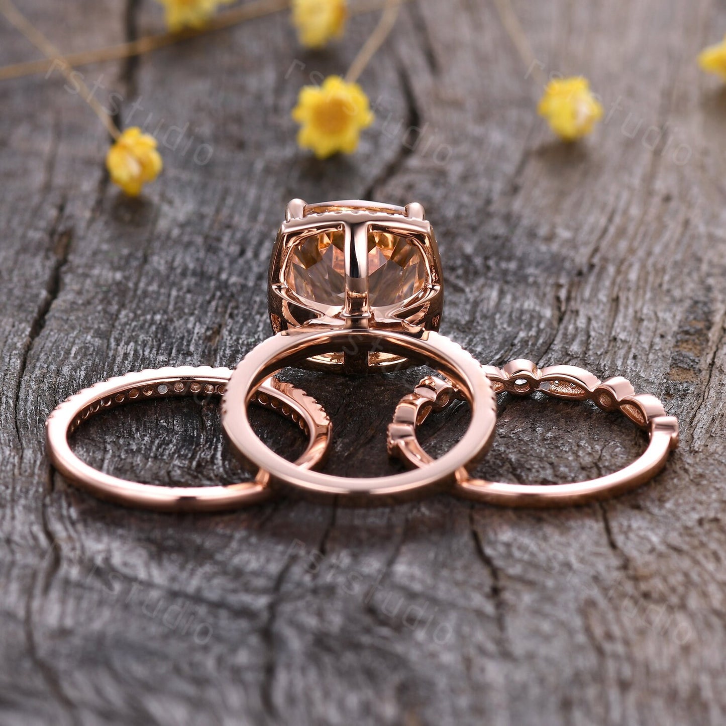 Art Deco 14K Rose Gold Morganite Engagement Ring Set: Diamond Wedding Band