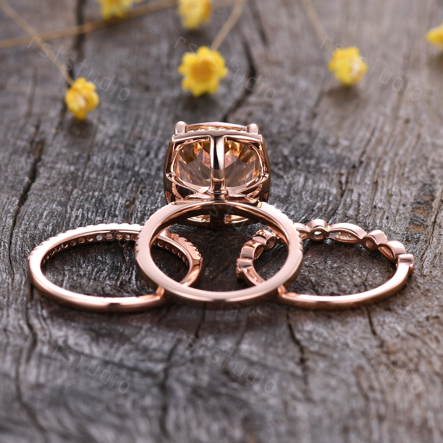 Art Deco 14K Rose Gold Morganite Engagement Ring Set: Diamond Wedding Band