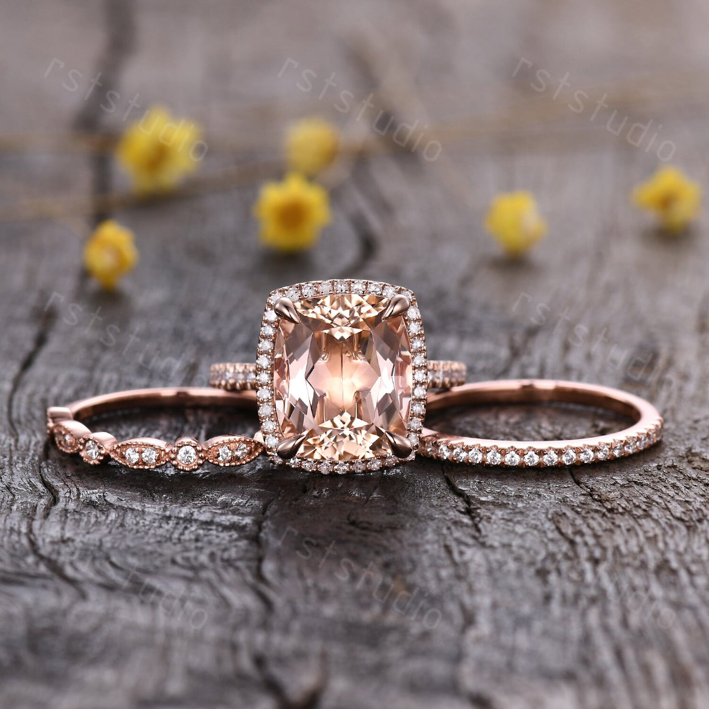Art Deco 14K Rose Gold Morganite Engagement Ring Set: Diamond Wedding Band