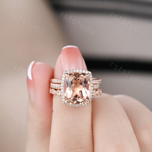 Art Deco 14K Rose Gold Morganite Engagement Ring Set: Diamond Wedding Band