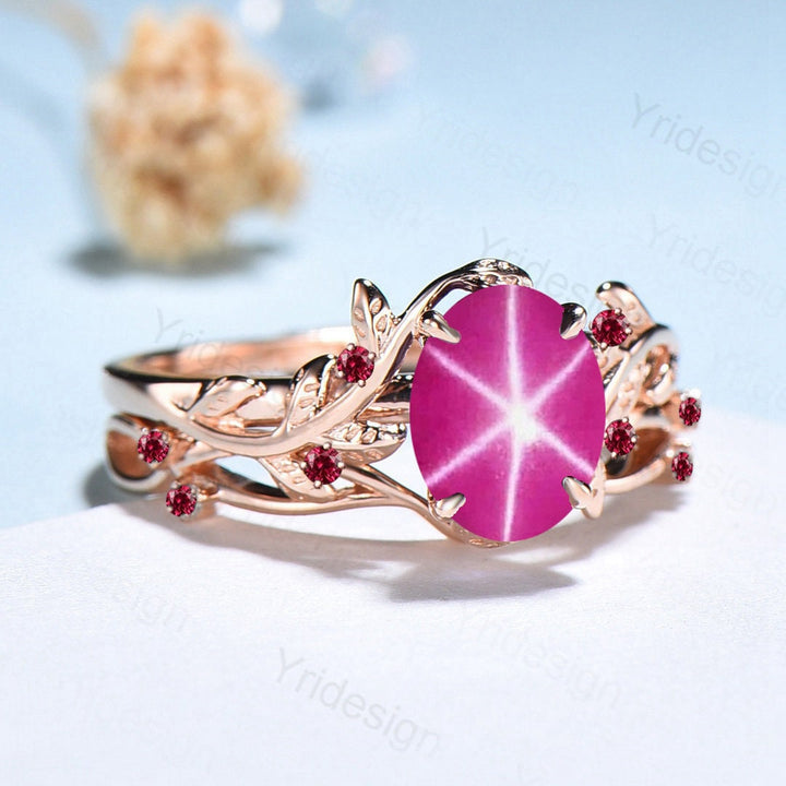 Natural Inspired Leaf pink star sapphire ring set cluster sapphire galaxy engagement ring women unique twig ruby wedding ring set for her - PENFINE