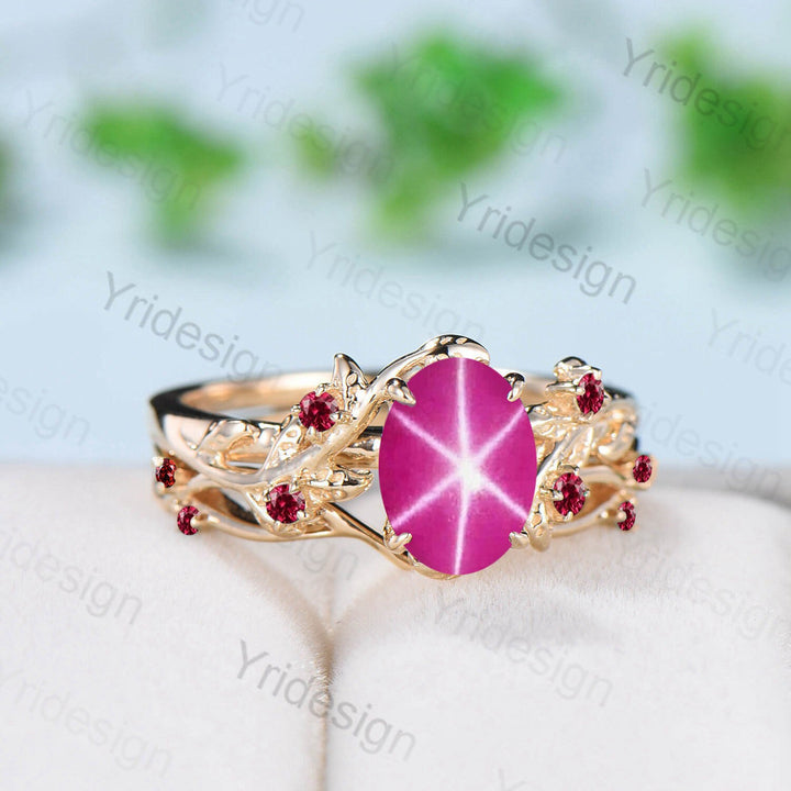 Natural Inspired Leaf pink star sapphire ring set cluster sapphire galaxy engagement ring women unique twig ruby wedding ring set for her - PENFINE