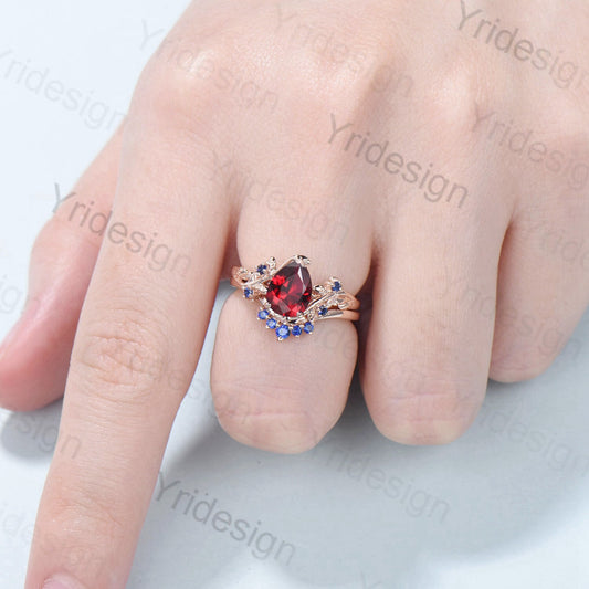 Nature Inspired Pear Shaped Ruby Wedding Ring Set Vintage Unique Lab Ruby Engagement Ring Leaf Cluster Women Blue Sapphire Anniversary Ring - PENFINE
