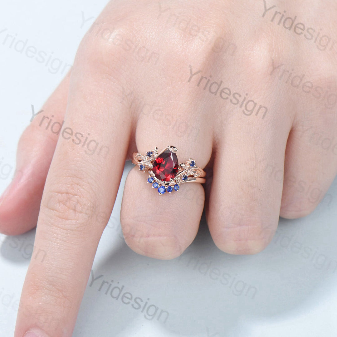 Nature Inspired Pear Shaped Ruby Wedding Ring Set Vintage Unique  Lab Ruby Engagement Ring Leaf Cluster Women Blue Sapphire Anniversary Ring - PENFINE