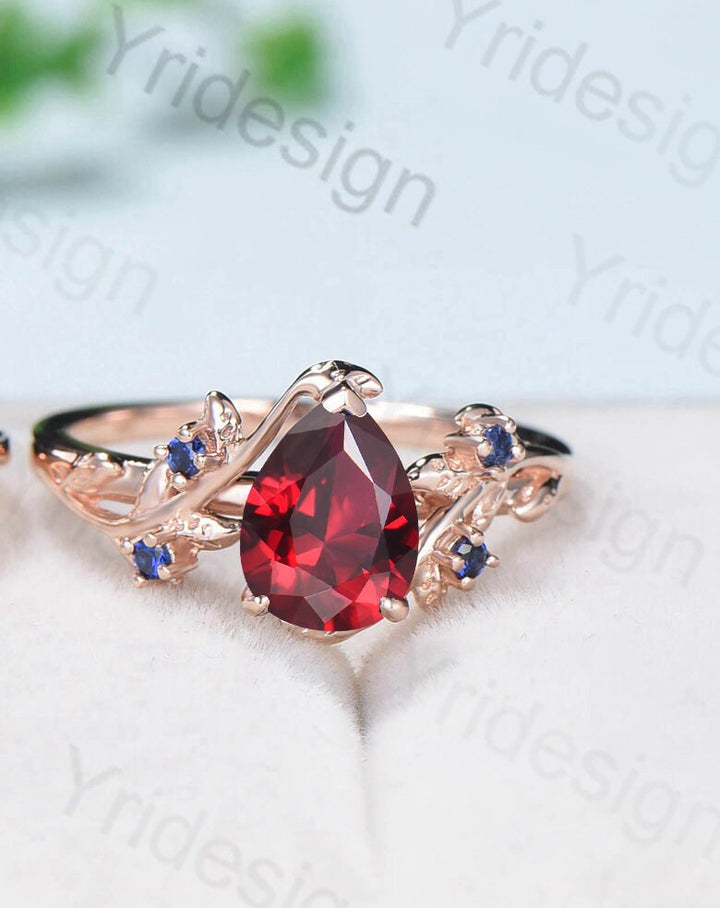 Nature Inspired Pear Shaped Ruby Wedding Ring Set Vintage Unique  Lab Ruby Engagement Ring Leaf Cluster Women Blue Sapphire Anniversary Ring - PENFINE