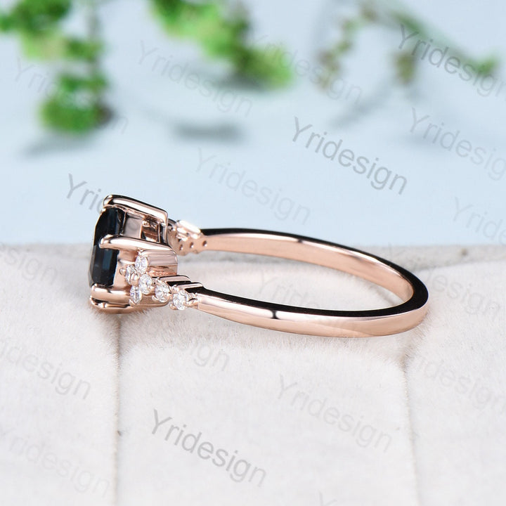 Handmade Hexagon Black Opal Ring, Flower Moissanite, 14K Rose Gold - PENFINE