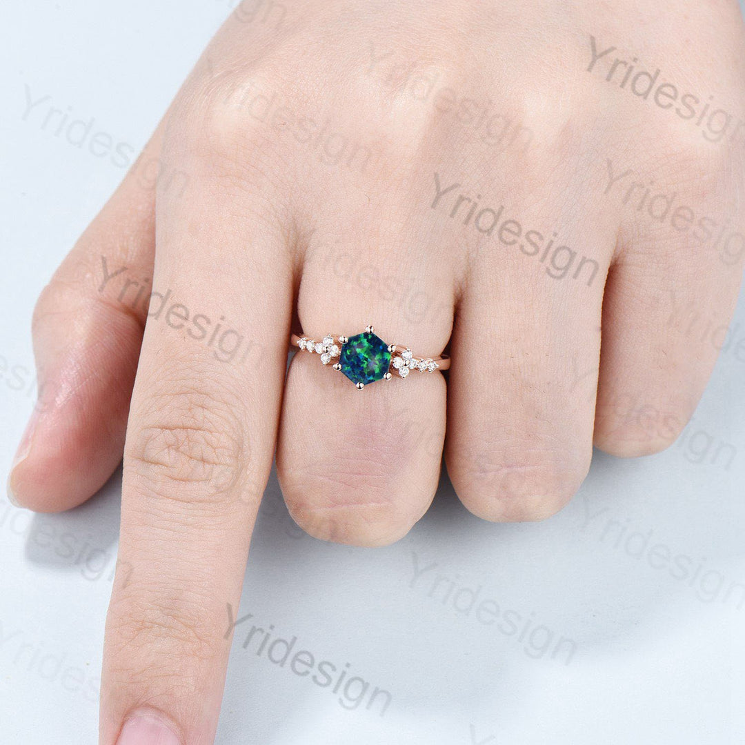 Handmade Hexagon Black Opal Ring, Flower Moissanite, 14K Rose Gold - PENFINE