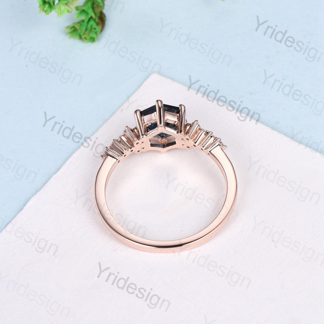 Handmade Hexagon Black Opal Ring, Flower Moissanite, 14K Rose Gold - PENFINE