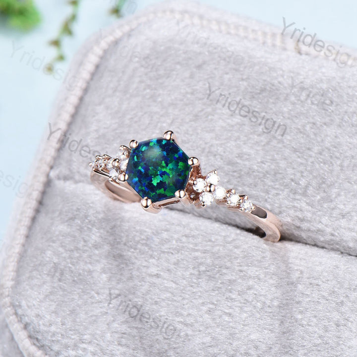 Handmade Hexagon Black Opal Ring, Flower Moissanite, 14K Rose Gold - PENFINE