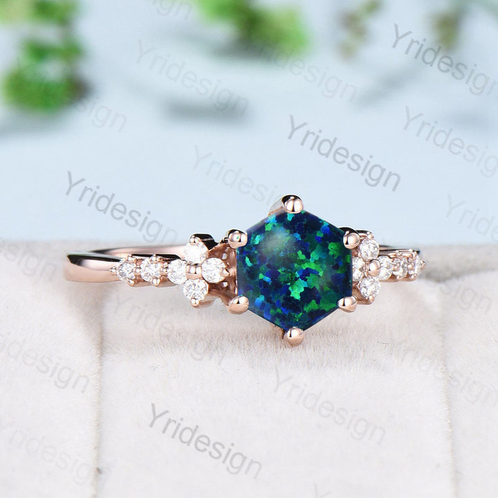 Handmade Hexagon Black Opal Ring, Flower Moissanite, 14K Rose Gold - PENFINE