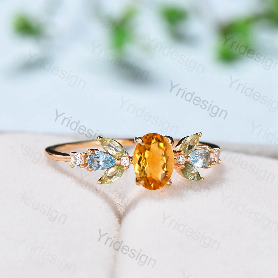 Unique Oval Citrine Engagement Rings Multi-Stone Rings Marqusie Cut Peridot Wedding Ring Swiss Topaz Anniversary Ring Vintage Rose Gold Ring - PENFINE