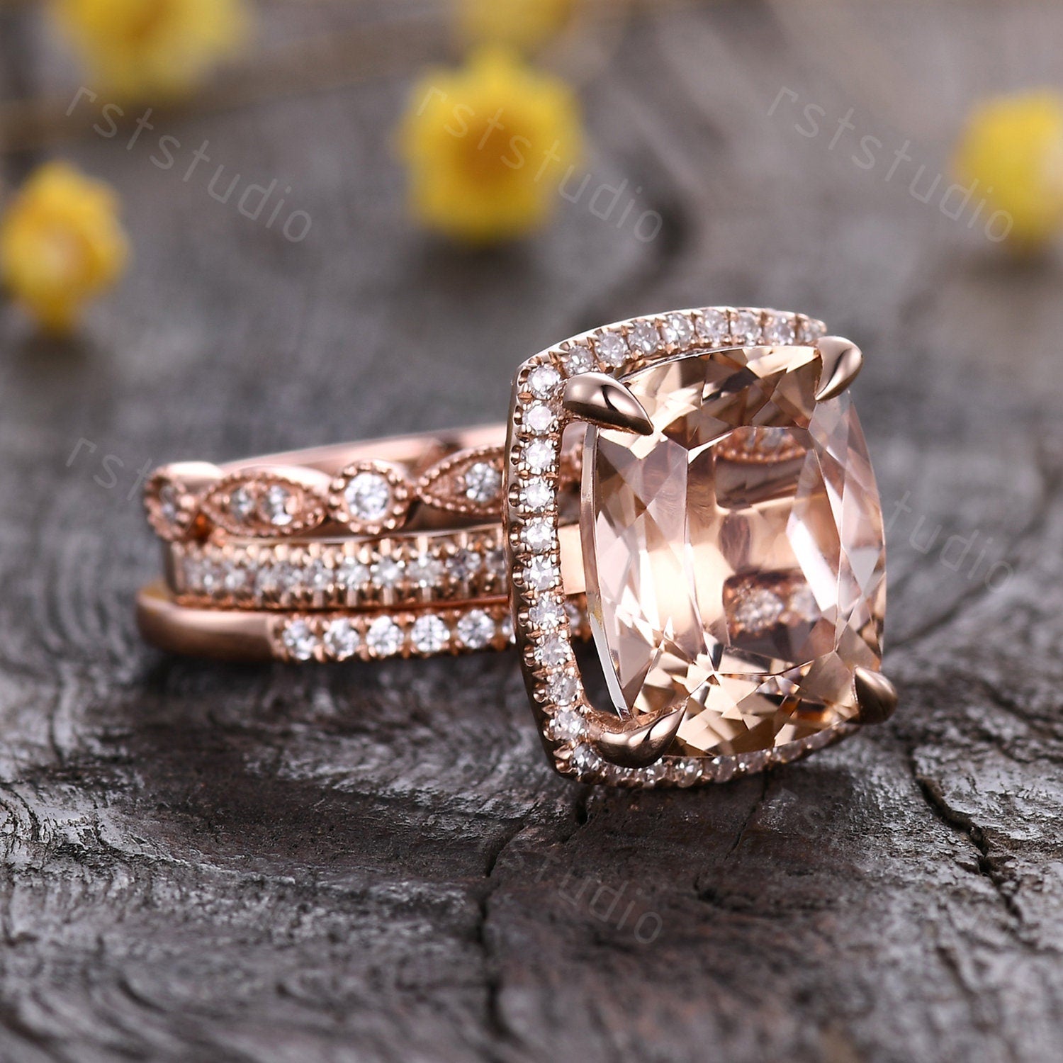 Art Deco 14K Rose Gold Morganite Engagement Ring Set: Diamond Wedding Band