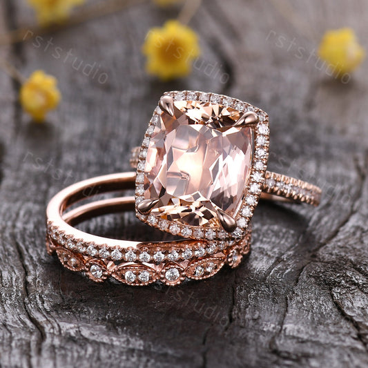 Art Deco 14K Rose Gold Morganite Engagement Ring Set: Diamond Wedding Band