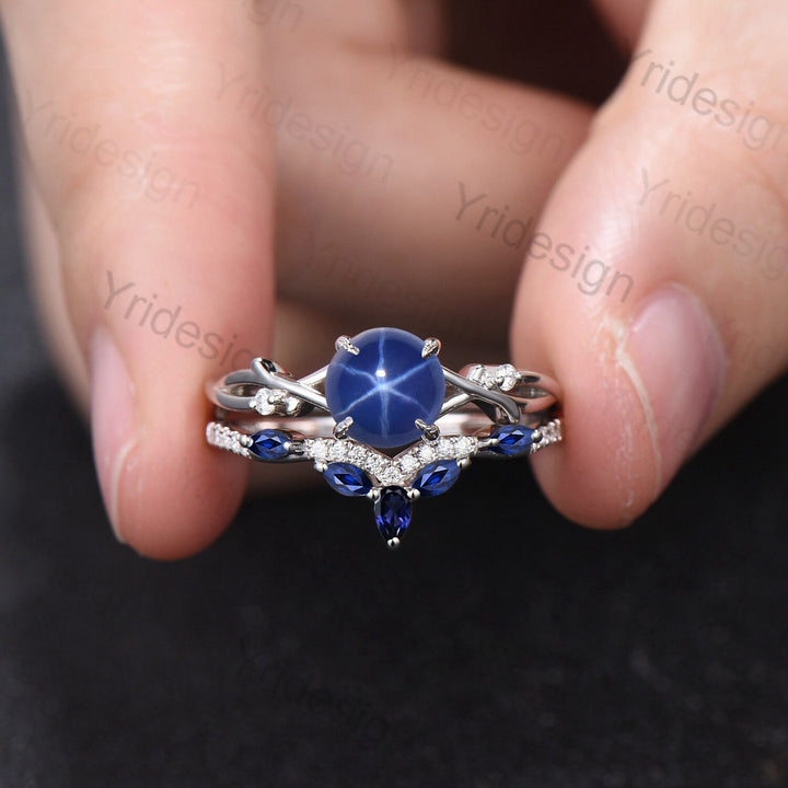 7mm Round Star Sapphire Engagement Ring Set Nature Inspired Branch Twig blue sapphire Wedding Set Unique Leaf anniversary promise ring - PENFINE