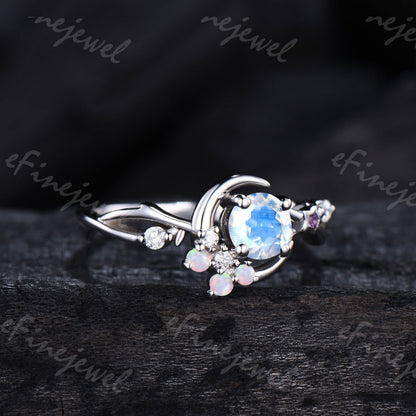 Dainty Moonstone Engagement Ring: Silver, Opal & Amethyst Accents - PENFINE