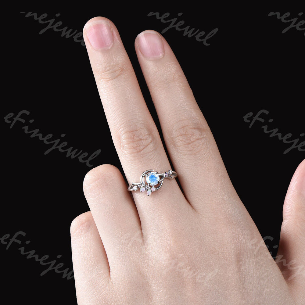 Dainty Moonstone Engagement Ring: Silver, Opal & Amethyst Accents - PENFINE