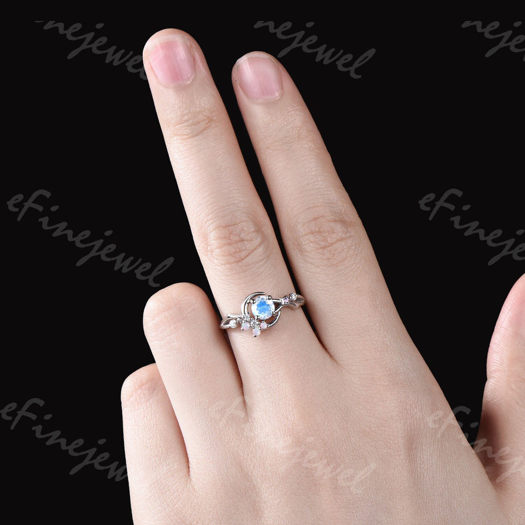 Dainty Moonstone Engagement Ring: Silver, Opal & Amethyst Accents - PENFINE