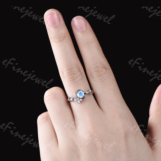 Dainty Moonstone Engagement Ring: Silver, Opal & Amethyst Accents - PENFINE