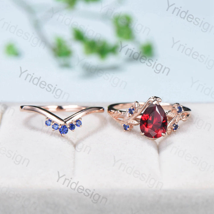 Nature Inspired Pear Shaped Ruby Wedding Ring Set Vintage Unique  Lab Ruby Engagement Ring Leaf Cluster Women Blue Sapphire Anniversary Ring - PENFINE