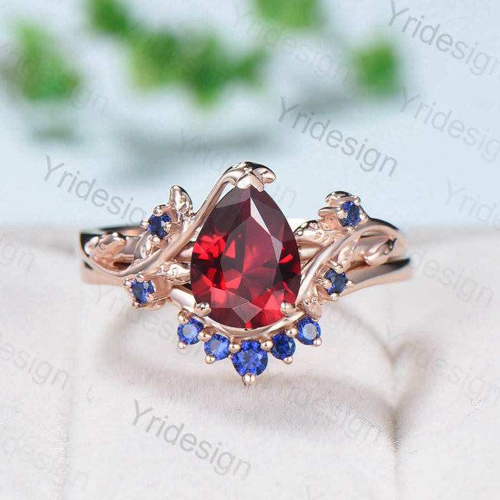 Nature Inspired Pear Shaped Ruby Wedding Ring Set Vintage Unique  Lab Ruby Engagement Ring Leaf Cluster Women Blue Sapphire Anniversary Ring - PENFINE