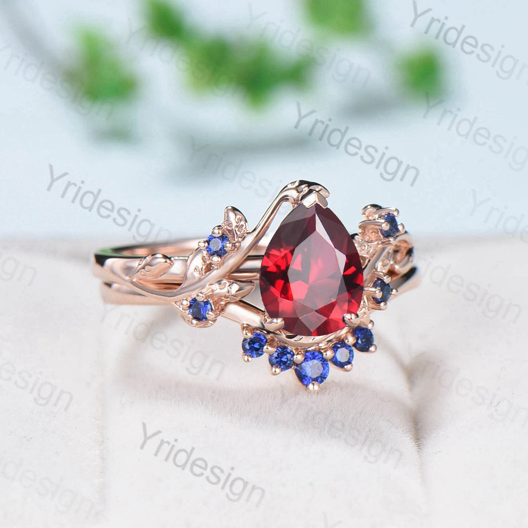 Nature Inspired Pear Shaped Ruby Wedding Ring Set Vintage Unique  Lab Ruby Engagement Ring Leaf Cluster Women Blue Sapphire Anniversary Ring - PENFINE