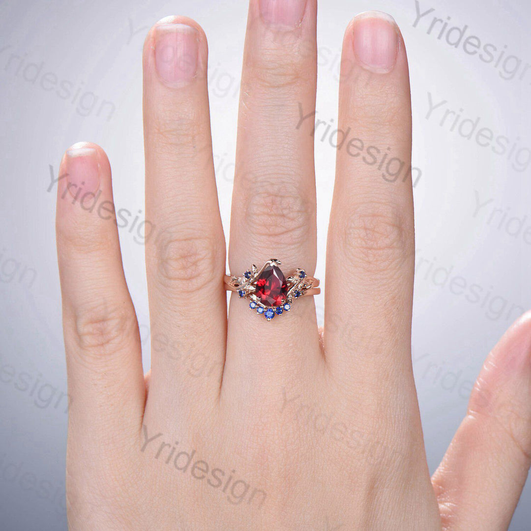 Nature Inspired Pear Shaped Ruby Wedding Ring Set Vintage Unique  Lab Ruby Engagement Ring Leaf Cluster Women Blue Sapphire Anniversary Ring - PENFINE