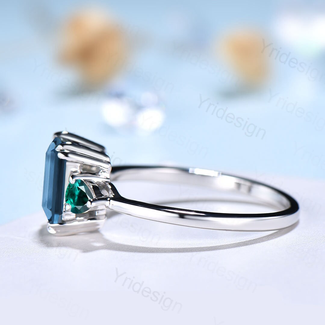 Retro Emerald Cut London Blue Topaz Engagement Ring White Gold 8 prongs Engagement Ring Three Stone Pear Emerald Wedding Ring For Women - PENFINE