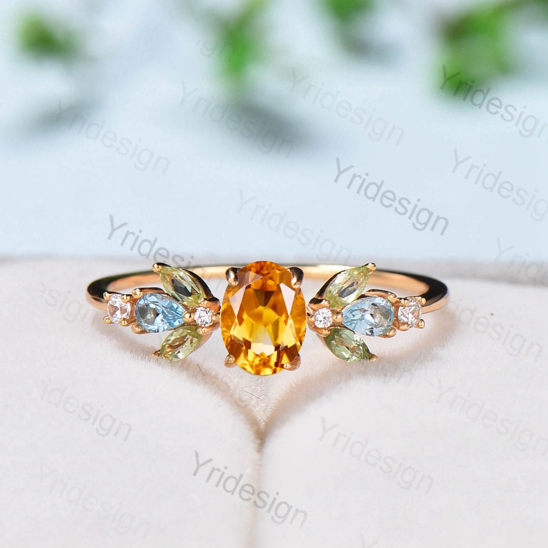 Unique Oval Citrine Engagement Rings Multi-Stone Rings Marqusie Cut Peridot Wedding Ring Swiss Topaz Anniversary Ring Vintage Rose Gold Ring - PENFINE