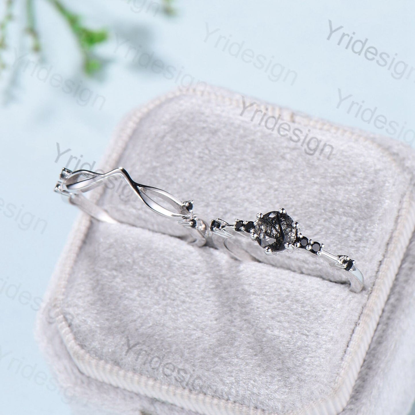 Dainty black rutilated quartz engagement ring set Minimalist spinel wedding Set women Art Deco Bridal Anniversary Rings Promise Ring for her - PENFINE