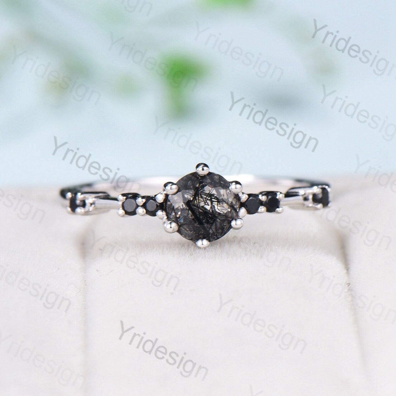 Dainty black rutilated quartz engagement ring set Minimalist spinel wedding Set women Art Deco Bridal Anniversary Rings Promise Ring for her - PENFINE