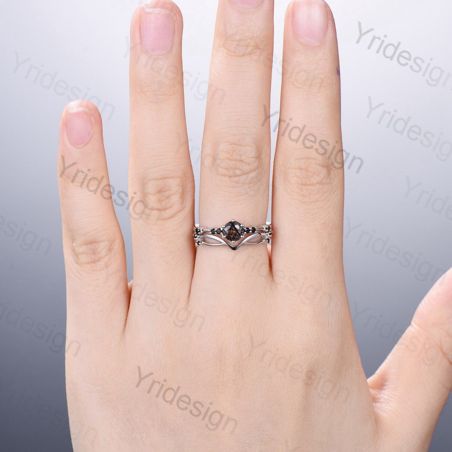 Dainty black rutilated quartz engagement ring set Minimalist spinel wedding Set women Art Deco Bridal Anniversary Rings Promise Ring for her - PENFINE