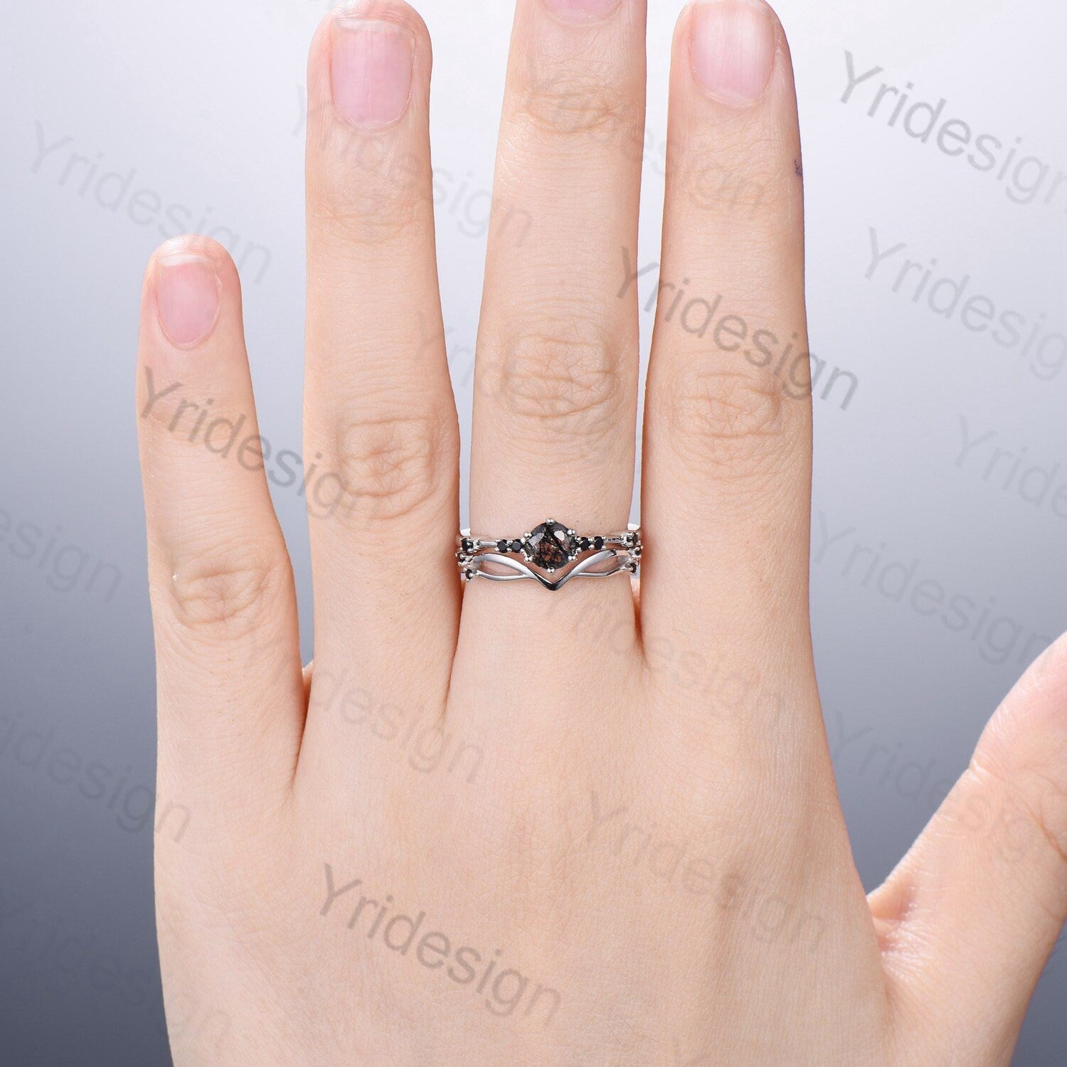 Dainty black rutilated quartz engagement ring set Minimalist spinel wedding Set women Art Deco Bridal Anniversary Rings Promise Ring for her - PENFINE