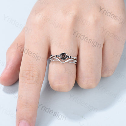 Dainty black rutilated quartz engagement ring set Minimalist spinel wedding Set women Art Deco Bridal Anniversary Rings Promise Ring for her - PENFINE