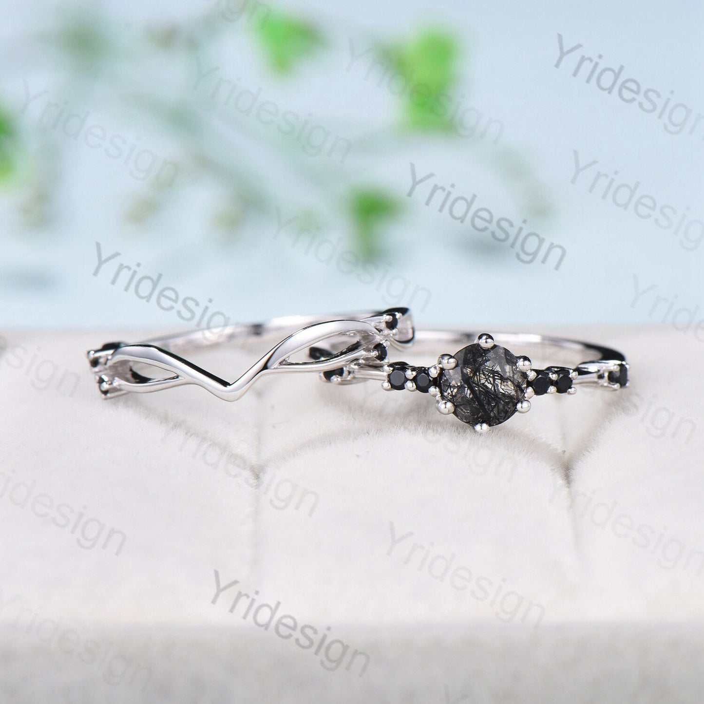 Dainty black rutilated quartz engagement ring set Minimalist spinel wedding Set women Art Deco Bridal Anniversary Rings Promise Ring for her - PENFINE