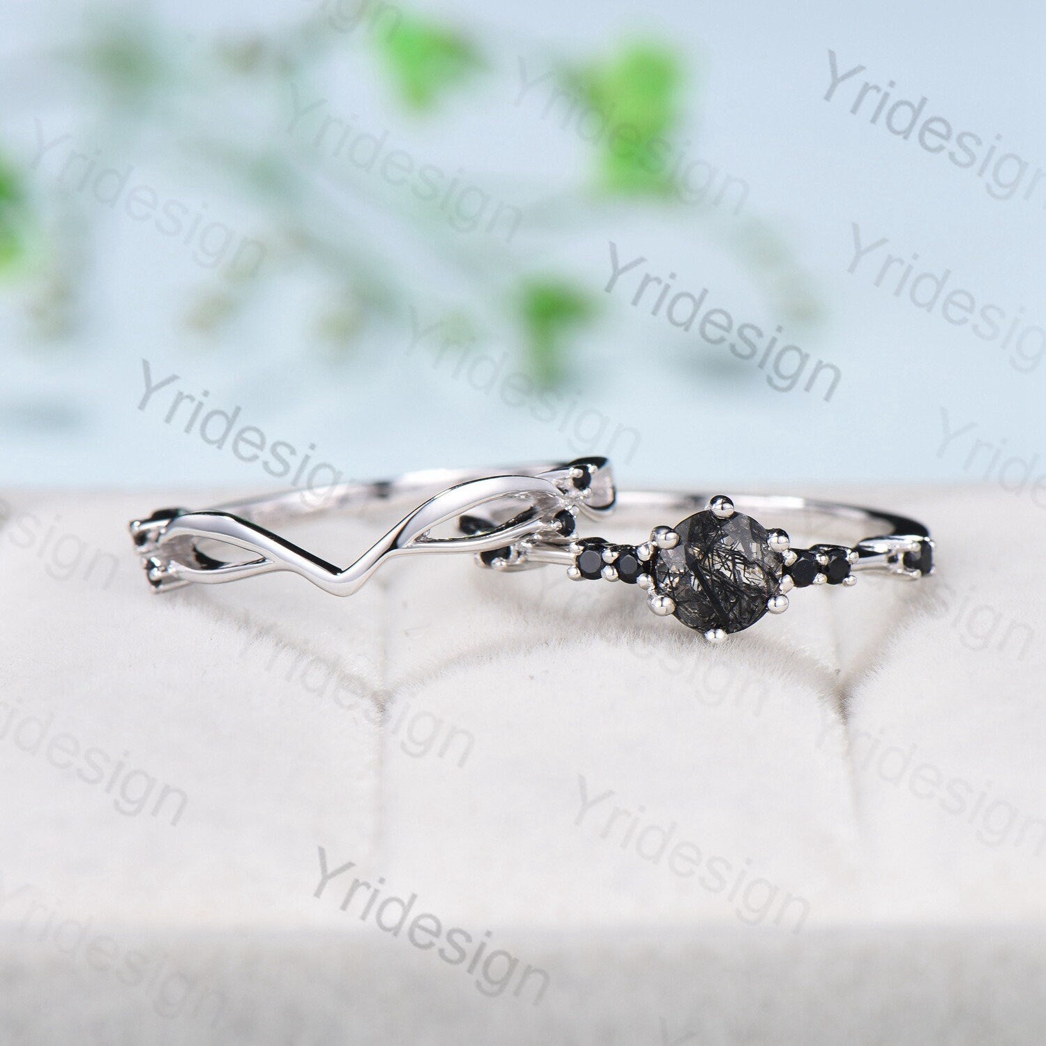 Dainty black rutilated quartz engagement ring set Minimalist spinel wedding Set women Art Deco Bridal Anniversary Rings Promise Ring for her - PENFINE