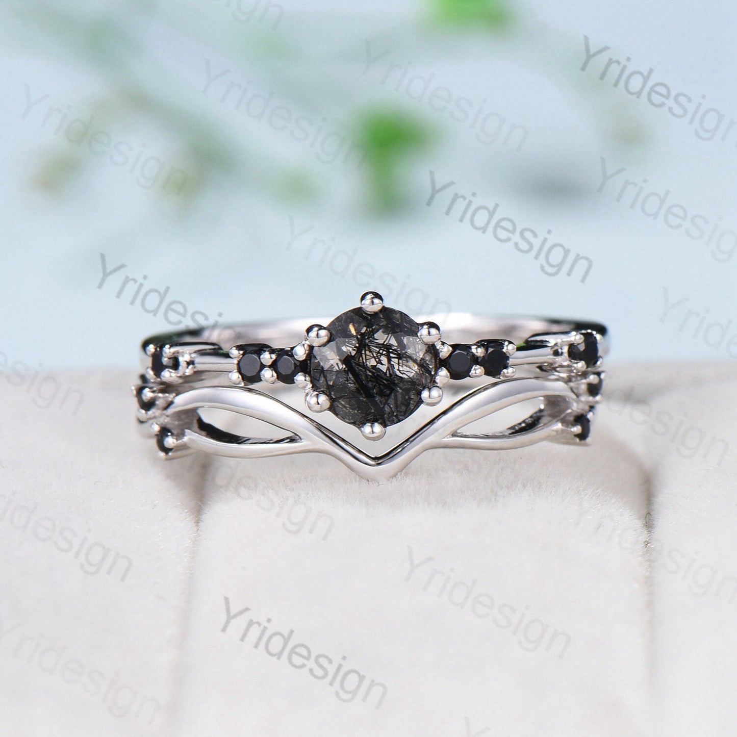 Dainty black rutilated quartz engagement ring set Minimalist spinel wedding Set women Art Deco Bridal Anniversary Rings Promise Ring for her - PENFINE