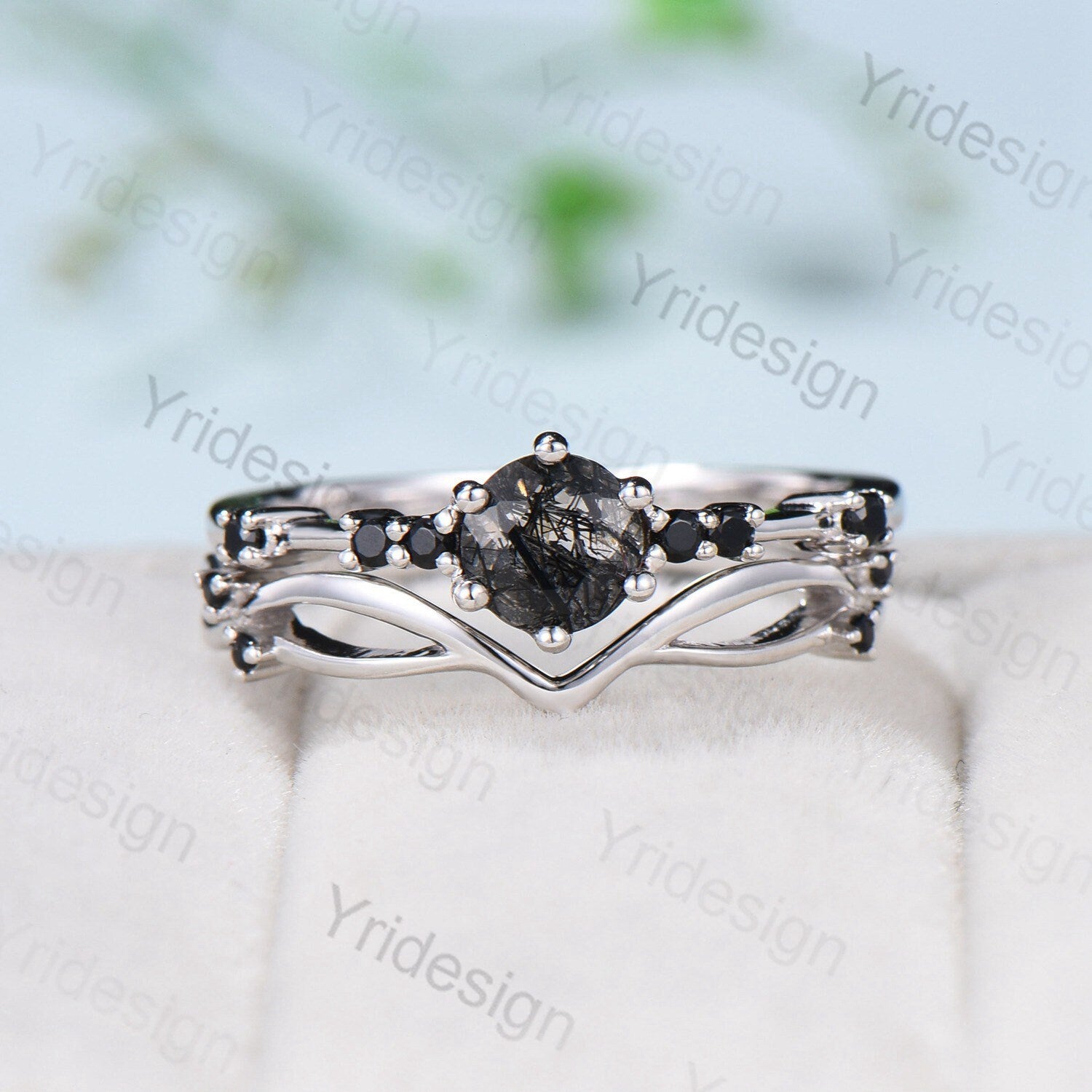 Dainty black rutilated quartz engagement ring set Minimalist spinel wedding Set women Art Deco Bridal Anniversary Rings Promise Ring for her - PENFINE