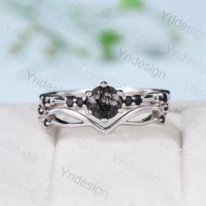 Dainty black rutilated quartz engagement ring set Minimalist spinel wedding Set women Art Deco Bridal Anniversary Rings Promise Ring for her - PENFINE