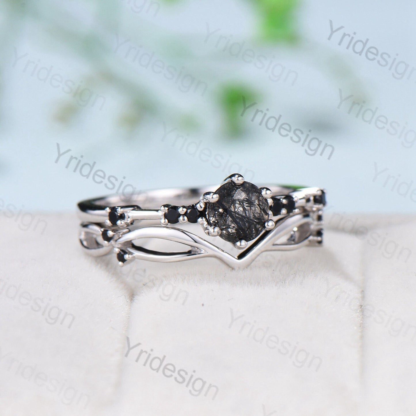 Dainty black rutilated quartz engagement ring set Minimalist spinel wedding Set women Art Deco Bridal Anniversary Rings Promise Ring for her - PENFINE