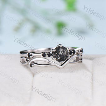 Dainty black rutilated quartz engagement ring set Minimalist spinel wedding Set women Art Deco Bridal Anniversary Rings Promise Ring for her - PENFINE