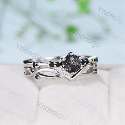 Dainty black rutilated quartz engagement ring set Minimalist spinel wedding Set women Art Deco Bridal Anniversary Rings Promise Ring for her - PENFINE