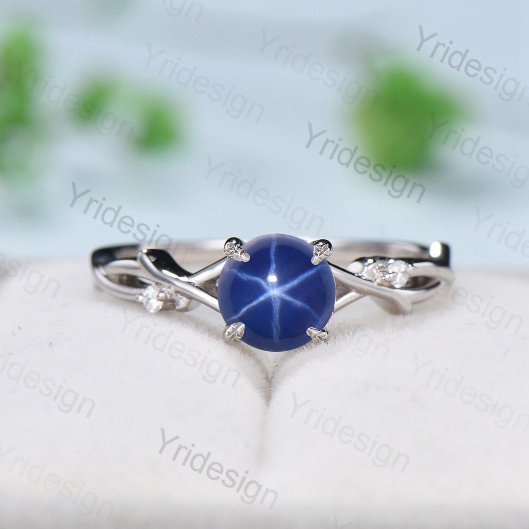 7mm Round Star Sapphire Engagement Ring Set Nature Inspired Branch Twig blue sapphire Wedding Set Unique Leaf anniversary promise ring - PENFINE