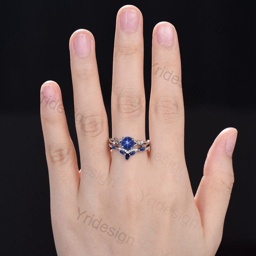 7mm Round Star Sapphire Engagement Ring Set Nature Inspired Branch Twig blue sapphire Wedding Set Unique Leaf anniversary promise ring - PENFINE