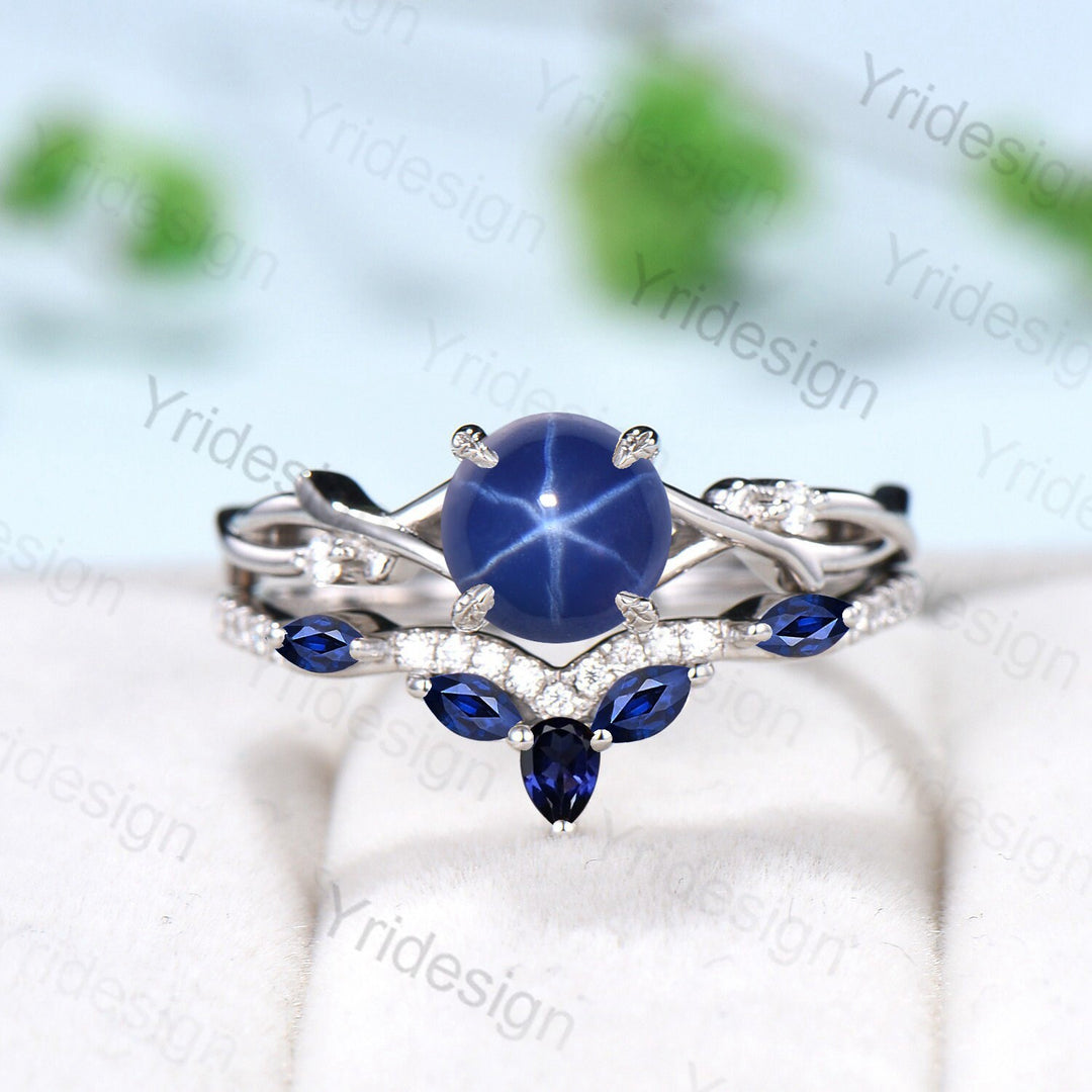 7mm Round Star Sapphire Engagement Ring Set Nature Inspired Branch Twig blue sapphire Wedding Set Unique Leaf anniversary promise ring - PENFINE