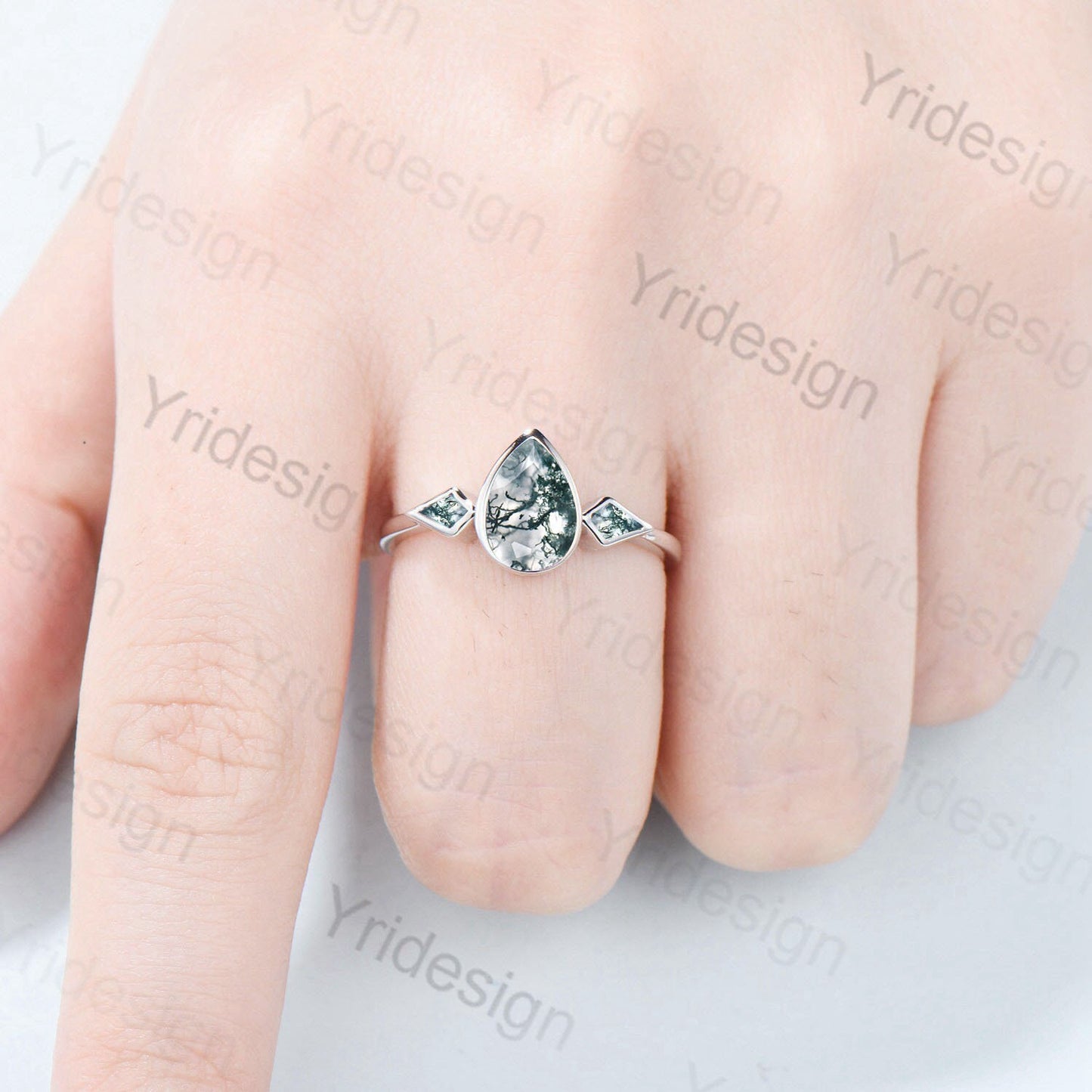 Bezel Set Moss Agate Ring Pear Aquatic Agate Engagement Ring Minimalist Kite Green Agate Wedding Ring For Women Three Stone Anniversary Ring - PENFINE
